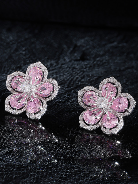 

Carlton London Pink & Silver-Toned Rhodium Plated CZ Studded Floral Studs