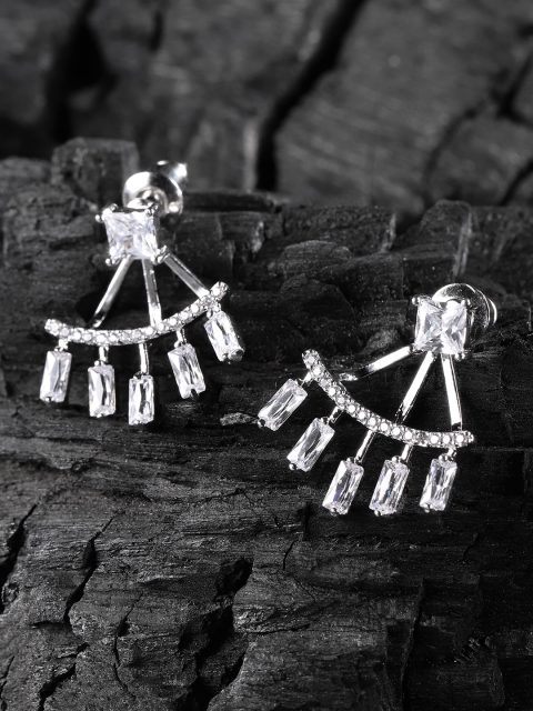 

Carlton London Silver-Toned Rhodium-Plated CZ Studded Jacket Drop Earrings