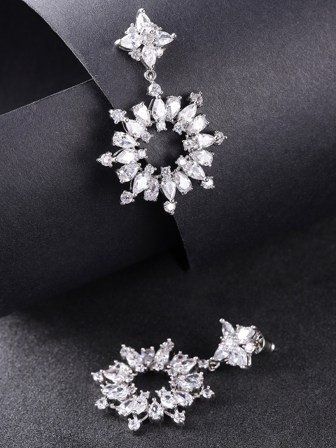 

Carlton London Silver-Toned Rhodium-Plated CZ Studded Drop Earrings