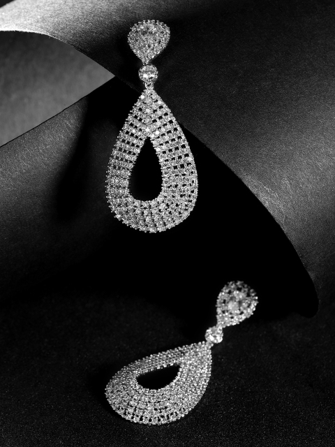 

Carlton London Silver-Toned Rhodium-Plated CZ Stone-Studded Teardrop-Shaped Drop Earrings