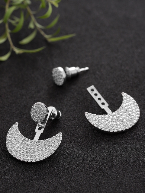 

Carlton London Silver-Toned Rhodium-Plated CZ-Studded Crescent-Shaped Jacket Earrings