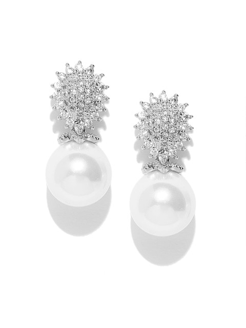 

Carlton London Silver-Toned & Off-White Rhodium-Plated Stone-Studded Drop Earrings