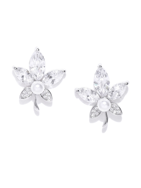 

Carlton London Silver-Toned & Off-White Rhodium-Plated CZ Stone-Studded Floral Studs