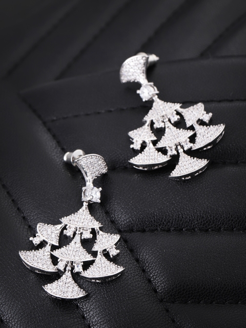 

Carlton London Silver-Toned Rhodium-Plated CZ Stone-Studded Contemporary Drop Earrings