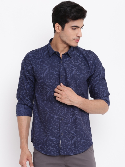 

Blackberrys Men Navy Blue Trim Skinny Fit Self Design Casual Shirt