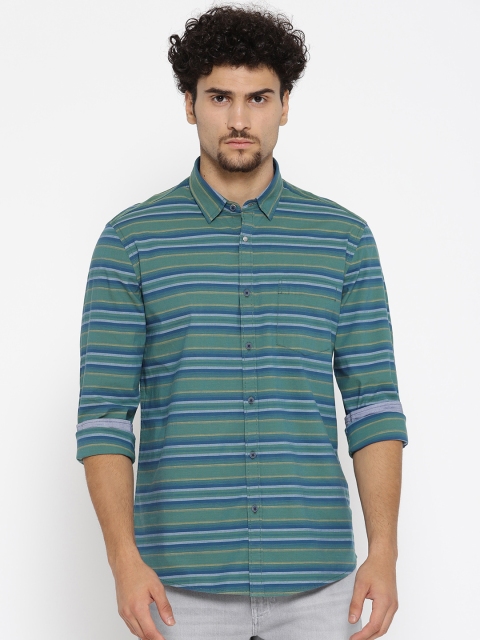 

Blackberrys Men Green & Blue Slim Fit Striped Casual Shirt