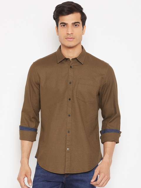 

Blackberrys Men Olive Brown Slim Fit Self Design Casual Shirt