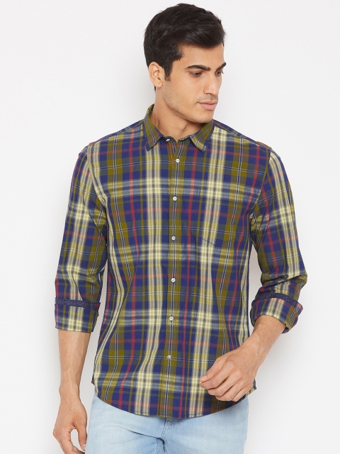 

Blackberrys Men Olive Green & Navy Blue Slim Fit Checked Casual Shirt
