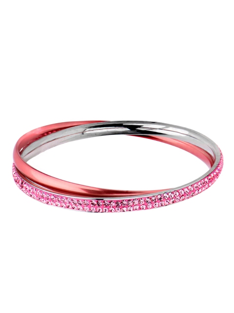 

Inox Jewelry Women Silver-Toned & Pink Stone-Studded Connected Double Bangle