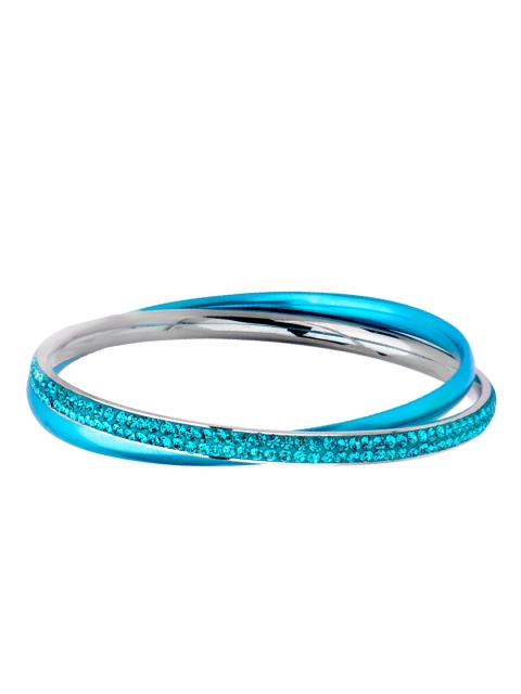 

Inox Jewelry Women Silver-Toned & Turquoise-Blue Stone-Studded Connected Double Bangle