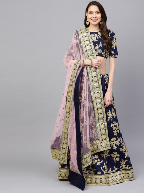 

Inddus Navy Blue & Pink Embellished Semi-Stitched Lehenga & Blouse with Dupatta