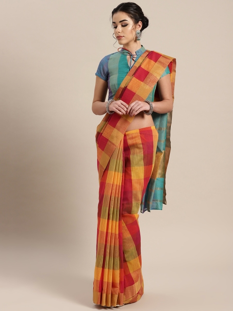 

Inddus Orange & Red Checked Saree