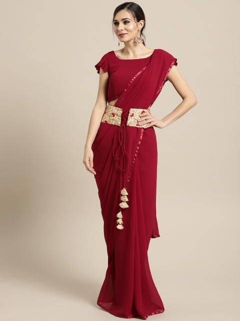 

Inddus Maroon Solid Belted Saree