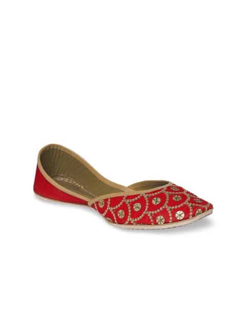 

Coral Haze Women Red & Gold-Toned Embroidered Mojaris