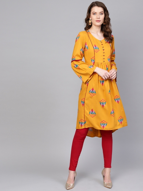 

Shree Women Mustard Yellow & Blue Printed A-Line Kurta