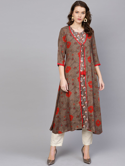 

Shree Women Brown & Red Printed Layered A-Line Kurta