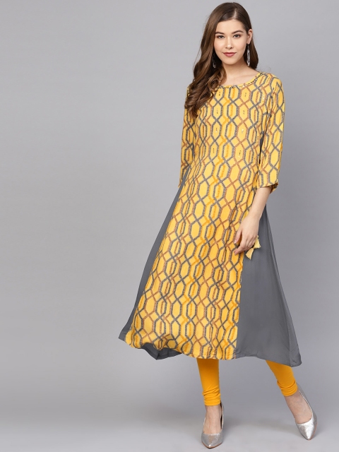 

Shree Women Yellow & Grey Printed A-Line Kurta
