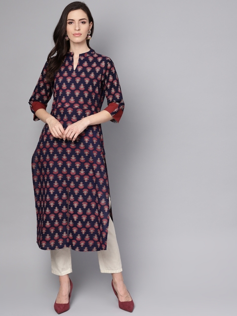 

Nayo Women Navy Blue & Maroon Printed Straight Kurta