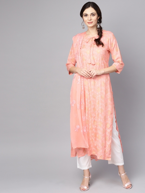 

Nayo Women Peach-Coloured & White Printed Kurta with Trousers & Dupatta