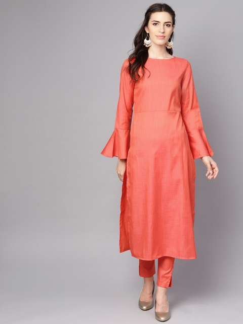 

Nayo Women Coral Red Solid Kurta with Trousers
