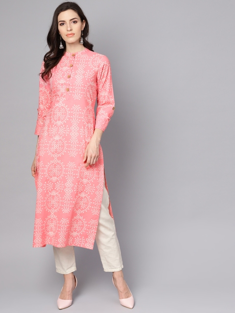 

Nayo Women Pink & Cream-Coloured Printed Straight Kurta