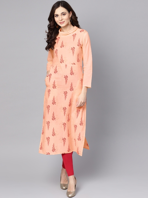 

Nayo Women Peach-Coloured & Red Printed A-Line Kurta