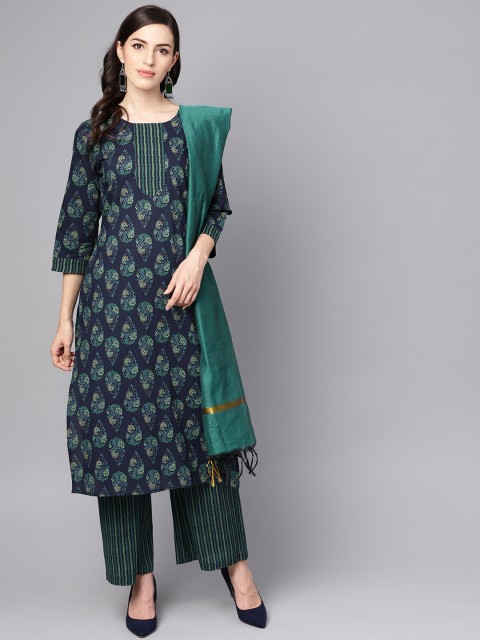 

Nayo Women Navy Blue & Green Printed Kurta with Palazzos & Dupatta