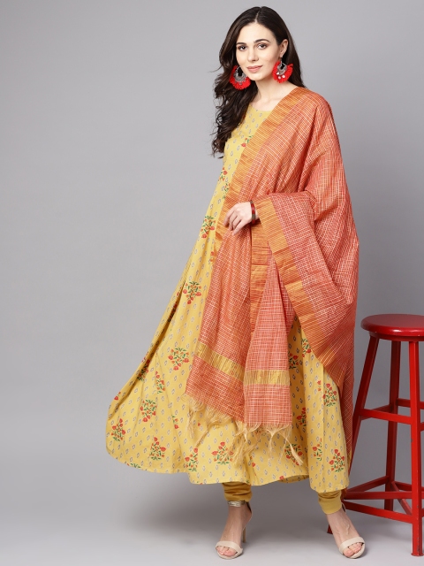 

Nayo Women Mustard Yellow & Red Printed Kurta with Churidar & Dupatta