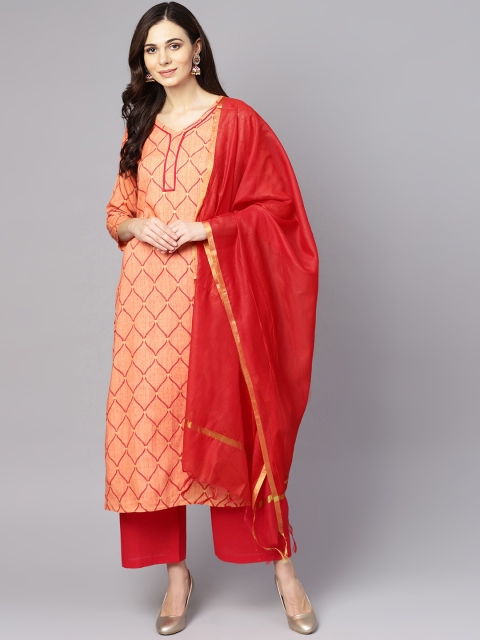 

Nayo Women Peach-Coloured & Red Printed Kurta with Palazzos & Dupatta