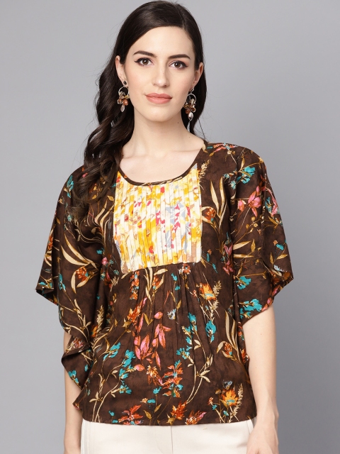 Nayo Women Coffee Brown Printed Kaftan Pure Cotton Top