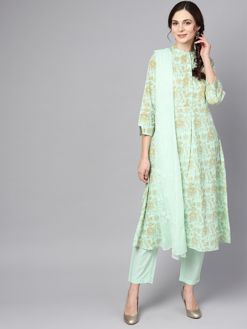 

Nayo Women Sea Green & Golden Printed Kurta with Trousers & Dupatta