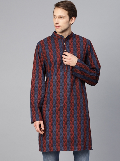 

Shree Men Navy Blue & Maroon Striped Straight Kurta