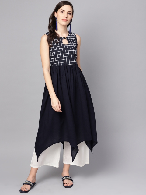 

AASI - HOUSE OF NAYO Women Navy Blue Checked A-Line Kurta