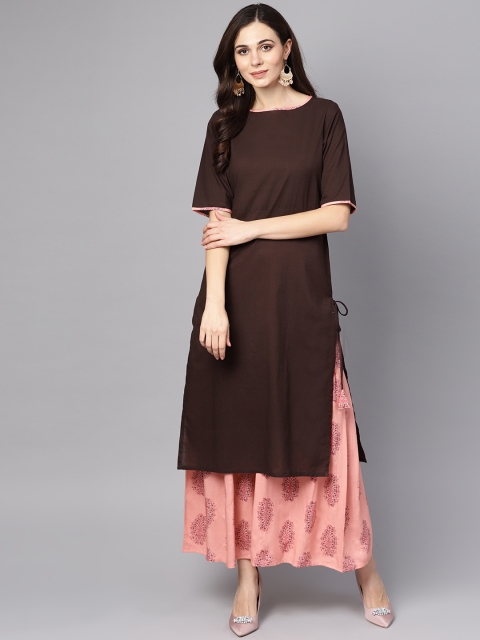 

AASI - HOUSE OF NAYO Women Coffee Brown & Pink Solid Kurta with Sharara