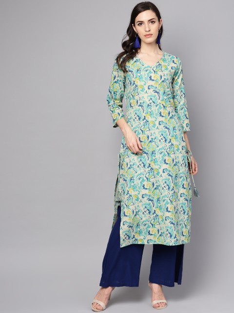 

AASI - HOUSE OF NAYO Women Beige & Sea Green Printed Straight Kurta