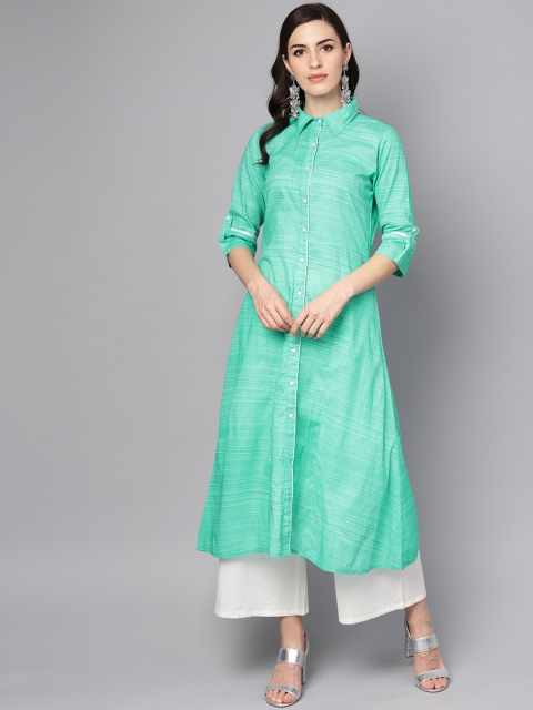 

AASI - HOUSE OF NAYO Women Green Striped A-Line Kurta