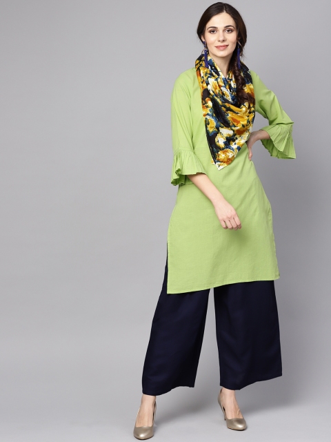 

AASI - HOUSE OF NAYO Women Green Solid Straight Kurta with Stole