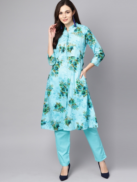 

AASI - HOUSE OF NAYO Women Blue & Green Printed Kurta with Trousers