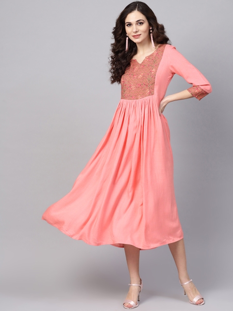 

AASI - HOUSE OF NAYO Women Peach-Coloured Solid Midi A-Line Dress