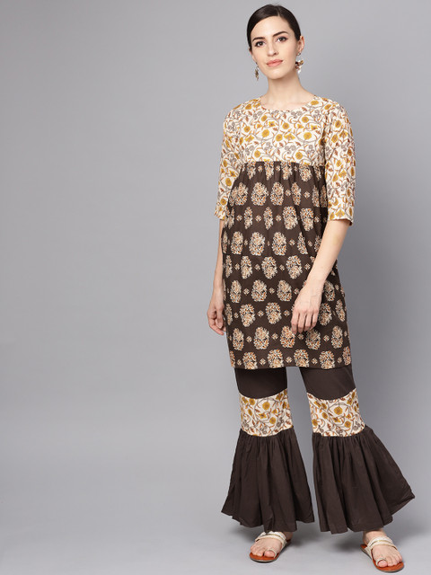 

AASI - HOUSE OF NAYO Women Brown & Beige Printed Kurta with Sharara