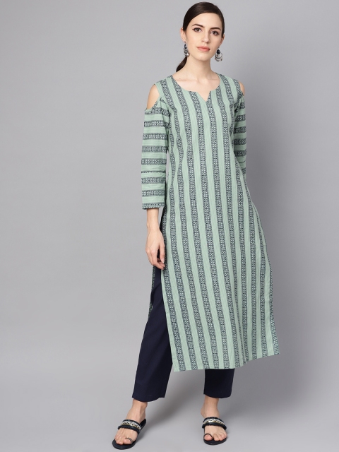 

AASI - HOUSE OF NAYO Women Green & Navy Blue Striped Kurta with Trousers