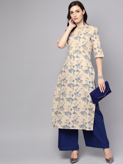 

AASI - HOUSE OF NAYO Women Beige & Blue Printed Straight Kurta