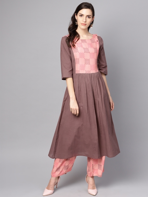 

AASI - HOUSE OF NAYO Women Brown & Pink Yoke Design Kurta with Pallazos