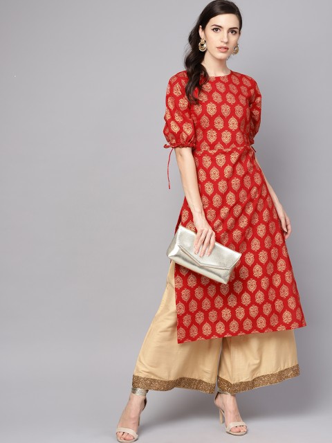 

AASI - HOUSE OF NAYO Women Red & Golden Printed Straight Kurta