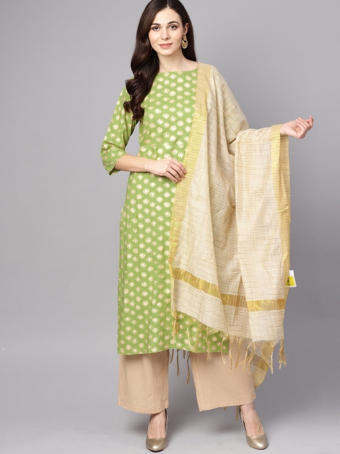 

AASI - HOUSE OF NAYO Women Green & Beige Printed Kurta with Palazzos & Dupatta