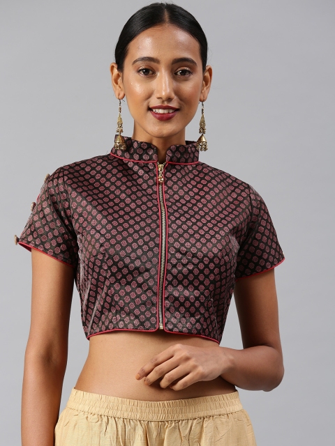 

Aarrah Women Black & Pink Satin Banglory Woven Saree Blouse