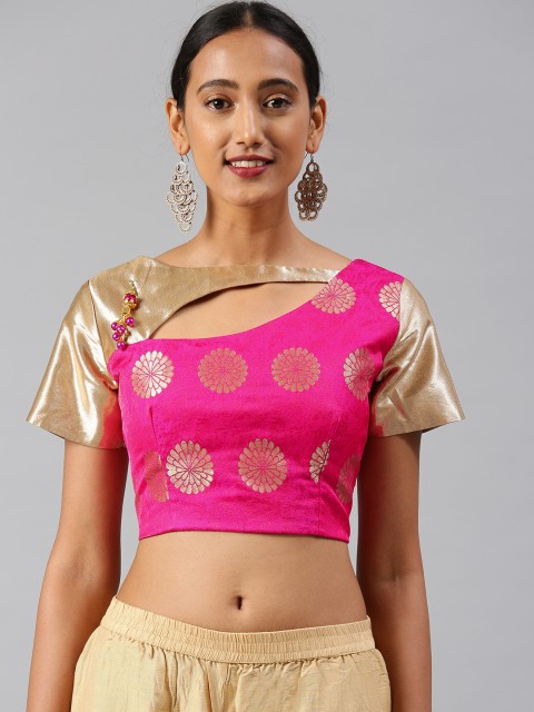 

Aarrah Women Pink & Gold-Coloured Jacquard Woven Saree Blouse