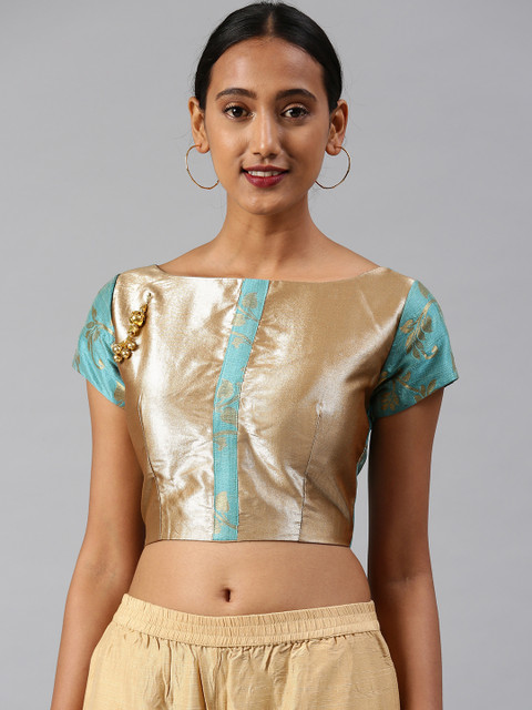 

Aarrah Women Turquoise Blue & Gold-Coloured Jacquard Woven Saree Blouse