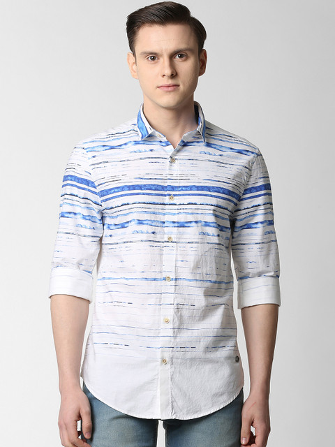 

Peter England Casuals Men White & Blue Slim Fit Striped Casual Shirt