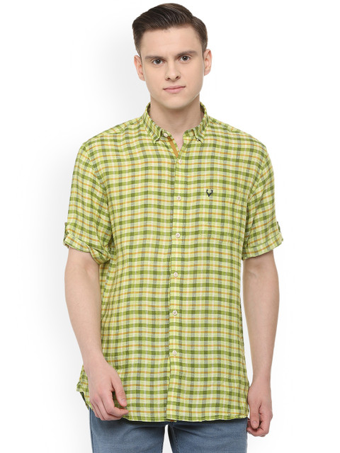 

Allen Solly Men Green & Yellow Regular Fit Linen Checked Casual Shirt